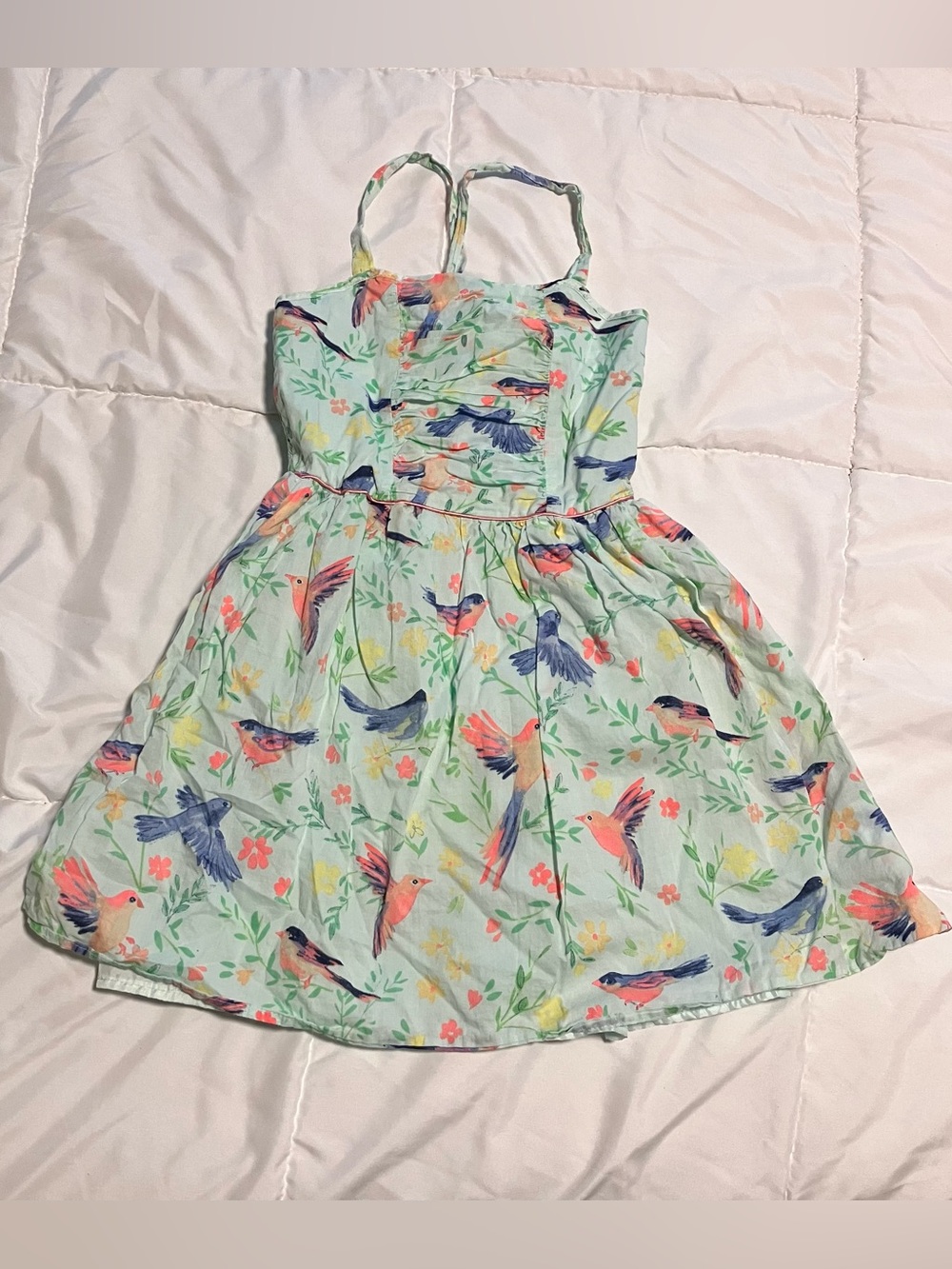 Cherokee Girl's Light Green Bird and Floral Print Fit and Flare Dress Sz M(7/8)